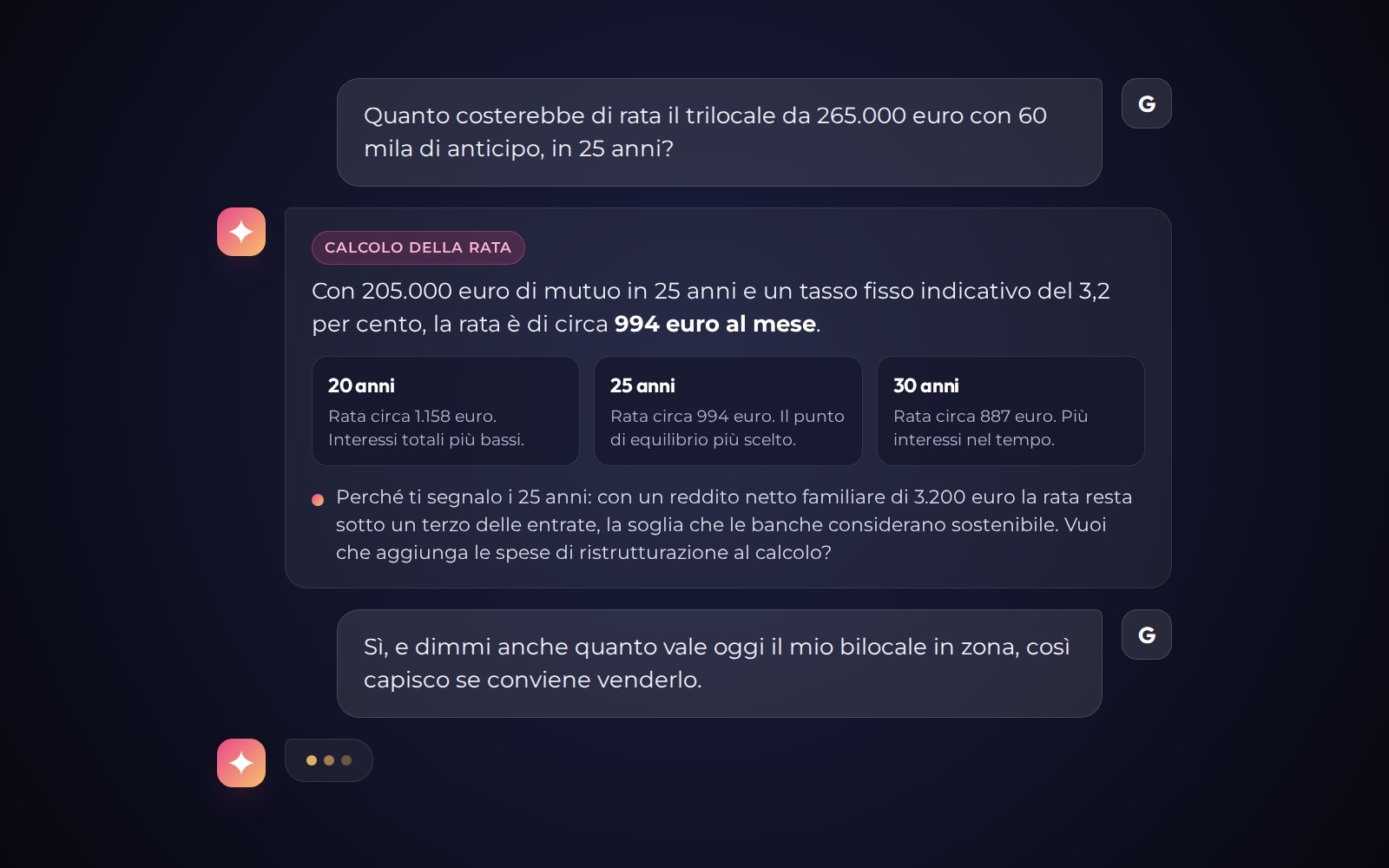 Assistente AIware.80 che calcola la rata del mutuo su tre durate e spiega quale è sostenibile