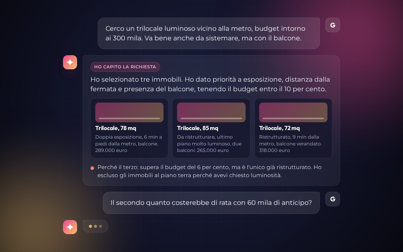 Ricerca conversazionale AIware.80: la richiesta di un utente e la risposta con tre immobili e la spiegazione delle scelte